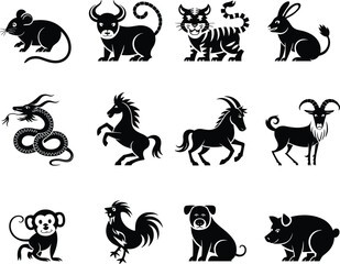 Chinese zodiac animal silhouette icons set featuring rat ox tiger rabbit dragon horse goat monkey rooster dog pig vector illustration © It's Sohan Here