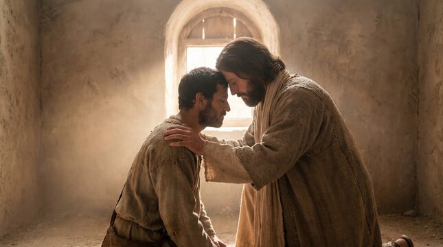 Man and Jesus Christ in ancient setting. Religious concept for Christian faith, worship, spirituality, and divine love.