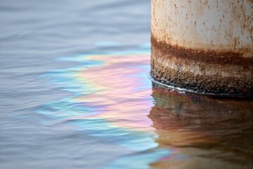 Fototapeta premium Iridescent oil slick on water from a rusty industrial pylon. Water pollution and environmental contamination concept. Chemical waste spill background