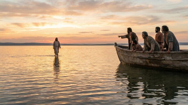 Jesus Christ walking on water, with disciples in boat observing. Biblical miracle scene for religious studies and Christian faith concept.