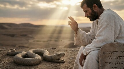 Naklejka premium Man sitting in desert with snake and stone tablet. Jesus Christ temptation concept. Biblical scene and religious story for Easter.