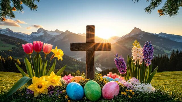 Christian easter celebration with a wooden cross and colorful eggs in a spring meadow. Beautiful sunrise over a scenic mountain landscape with blooming tulips and daffodils