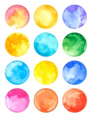 Watercolor circles in various vibrant colors, isolated on white background