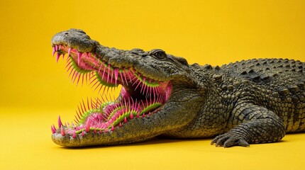 Fototapeta premium Surreal crocodile with a venus flytrap mouth on a bright yellow background