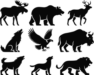 Obraz premium Wild animal silhouette collection featuring moose, bear, deer, wolf, eagle, bison and lion isolated on white background for wildlife vector illustration set