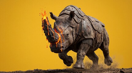Fototapeta premium Charging Rhinoceros with Molten Lava Horn on Yellow Background Power Concept