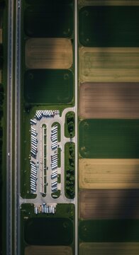Aerial View Of A Parking Area Next To Farmland With Diverse Agricultural Patterns