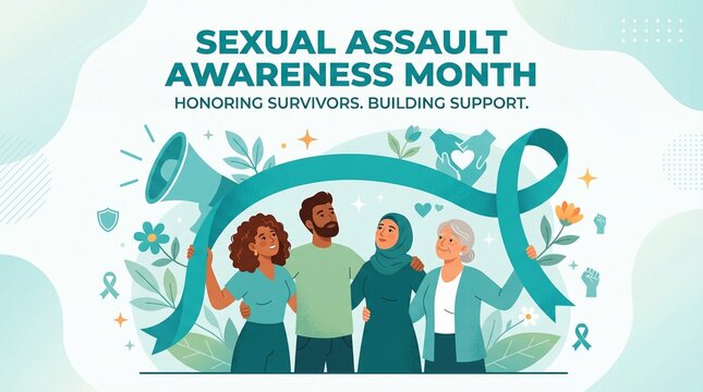 Sexual Assault Awareness Month illustration with supportive group, a ribbon and a megaphone