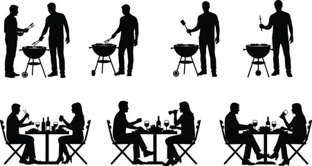Silhouette people grilling barbecue outdoors, couples dining together at table with wine, food, social leisure activity, romantic dinner, cooking and eating scene