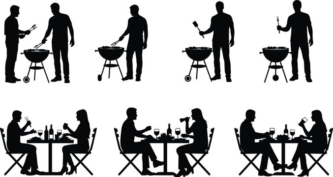 Silhouette people grilling barbecue outdoors, couples dining together at table with wine, food, social leisure activity, romantic dinner, cooking and eating scene