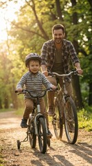 Obraz premium A father and son enjoy a sunny outdoor bike ride on a forest path, with the child wearing training wheels and a helmet.