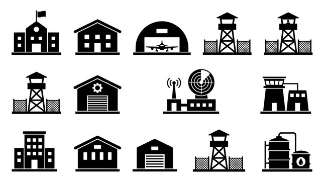 Military base buildings and army infrastructure icons set vector silhouettes.