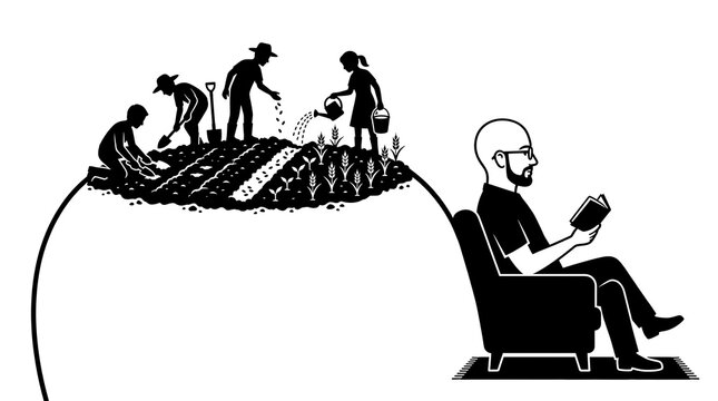 Absurd illustration of tiny farmers planting a vegetable garden on a man's bald head while he's busy reading, funny conceptual humor.