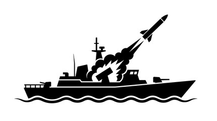 Fototapeta premium Black and white silhouette of a modern naval warship firing a guided missile from its deck at sea.