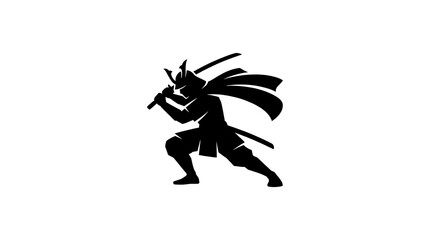 Dynamic action silhouette of a traditional Japanese samurai or ninja warrior in a combat pose with a katana sword.