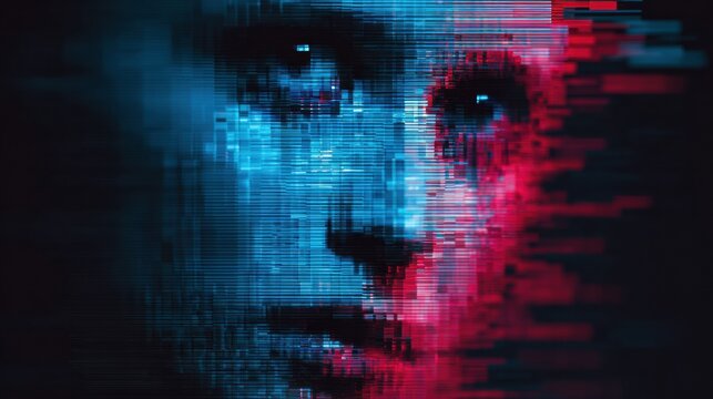 Glitch Effect on Digital Avatar Face Displayed on a Dark Background in a Cyber-Themed Setting