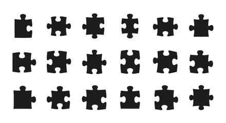 Naklejka premium Collection of black puzzle pieces arranged in a grid pattern on a clean surface from a top-down viewpoint