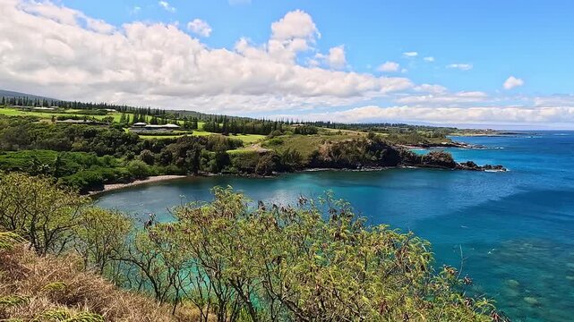 Honolua Bay West Maui Hawaii &ndash; Panning View from Cliffs to Turquoise Sea with Snorkelers, Reef, Catamaran and Molokai 4K Video