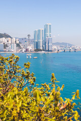 Busan Air Cruise, Busan cable car, ride on multicoloured sky capsule gondola route, with Songdo beach and Skywalk and Busan Bay panorama, South Korea, Songdo Station in a spring sunny day © tsuguliev