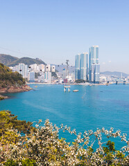 Busan Air Cruise, Busan cable car, ride on multicoloured sky capsule gondola route, with Songdo beach and Skywalk and Busan Bay panorama, South Korea, Songdo Station in a spring sunny day © tsuguliev