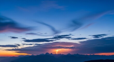Fototapeta premium Powerful Lightning Bolt Striking Mountain Peaks at Sunset, Cinematic Concept for High Energy, Innovation Spark, and Natural Force in Modern Technology