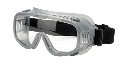 Clear safety goggles with black strap isolated on transparent background