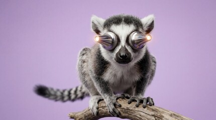 Fototapeta premium Lemur with glowing metallic cone eyes on purple background surreal art