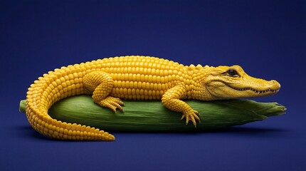 Fototapeta premium Yellow corn alligator resting on green husk on blue background surreal art