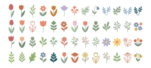 Obraz premium Flat pastel floral and flower icons set, spring blossom plant leaf botanical decorative collection on transparent background