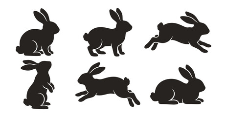 Obraz premium Rabbit bunny silhouette icons set, black animal hare running and sitting poses collection on transparent background