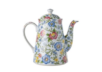 Elegant floral teapot with colorful flowers on white background