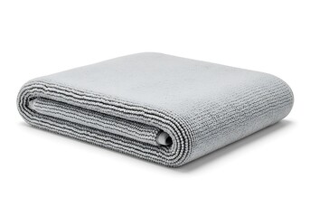 Soft gray blanket neatly rolled up on white background