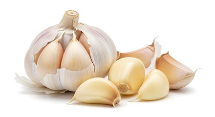 Fresh garlic bulbs and cloves on white background