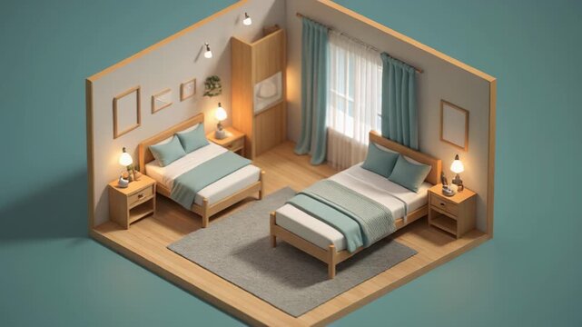 Cozy Twin Bedroom Isometric View Natural Light Warm Wood Accents
