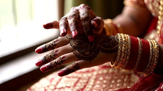 Woman's hands decorated with henna and jewelry.