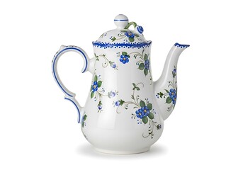 Beautiful floral teapot with blue flowers and green leaves on white background