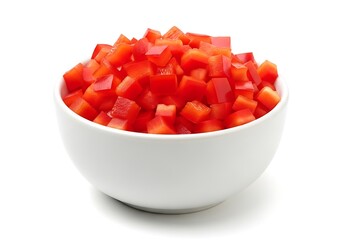 Freshly chopped red bell peppers in a white bowl
