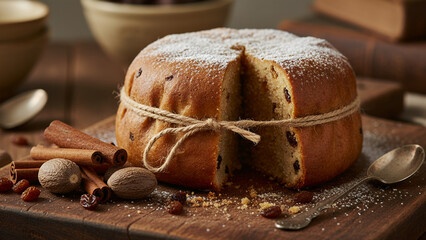 Clootie Dumpling on Wooden Board with Spices in Rustic Kitchen