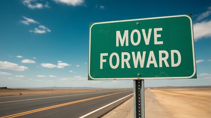 Green road sign with 'MOVE FORWARD' on a desert highway