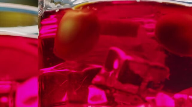 Vermouth Negroni, spanish wine drink, Alcoholic Americano Cocktail bitter, sweet vermouth and soda water, close up of making drink, summer spanish vacations. 