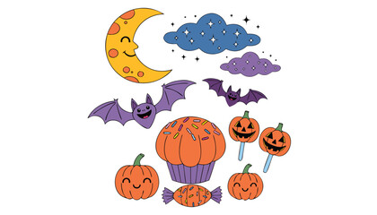 Fototapeta premium Playful halloween cartoon moon cloud bat cupcake candy and pumpkins crescent moon sleeping moon desi