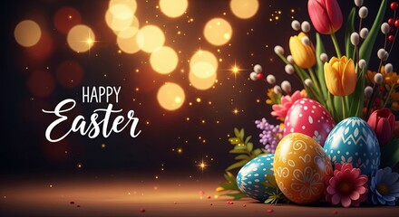 Happy Easter text with colorful decorated eggs and spring flowers. Holiday greeting card design. Celebration and festive season concept.