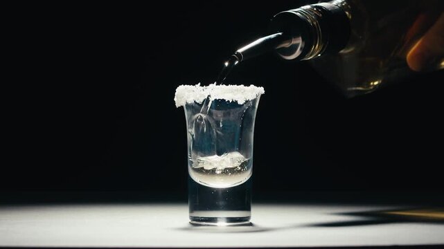 Mexican Tequila Mezcal pouring with lime and salt on a stone table. Strong vodka rum alcoholic drink is poured from a bottle into a shots.