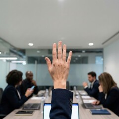 Hand raised in meeting, seeking attention or asking a question in a modern corporate conference room