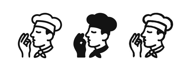 Obraz premium Chef kiss icon set. Excellent cooking gesture symbol in line, solid and doodle style. Food quality illustration.