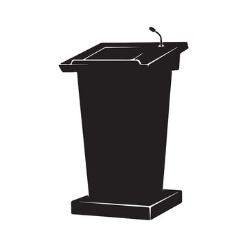 Classic wooden podium, lectern or rostrum icon from behind for public speaking in silhouette vector

