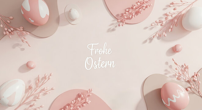 Happy Easter greeting text Frohe Ostern with decorative eggs and branches on light background for holiday card, banner, poster design