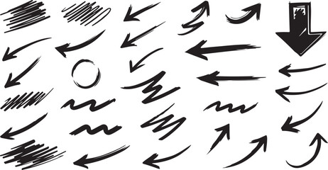 Obraz premium Hand Drawn Black Ink Arrow Set: Scribbled Pointers, Zigzags, and Directional Doodles