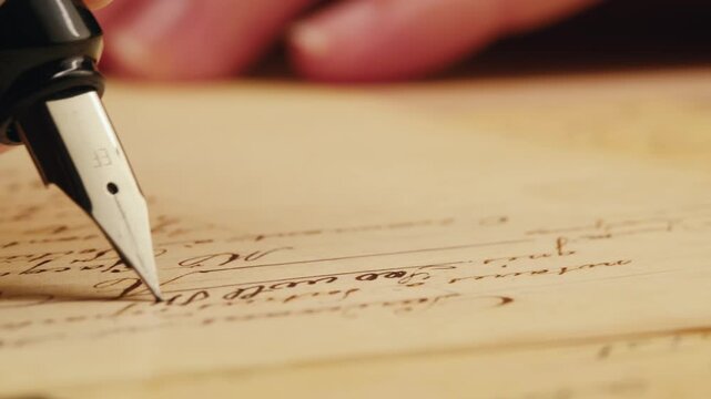 Fountain pen write letter, document sign on an antique handwritten letter. Vintage nib pen and handwritten english cursive style font copperplate, spencerian. Old history background. Retro style.