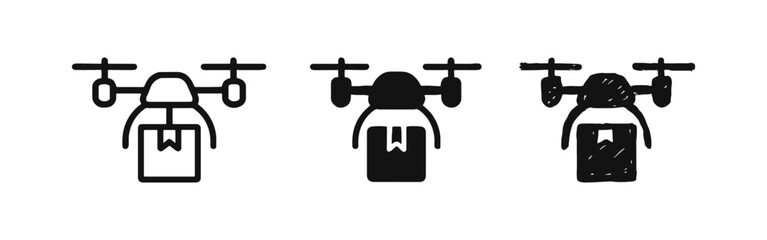 Drone delivery icons set in outline, filled, and hand-drawn doodle style. Package shipping and future logistics symbol.